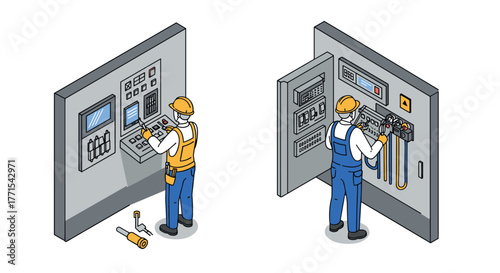 Isometric engineers operating industrial control panels and electrical systems