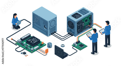 Computer assembly process in isometric style with technicians and components