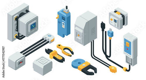 Isometric electrical devices and tools set for modern industrial technology