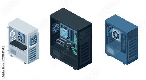 Modern isometric computer cases with open side panels in various colors