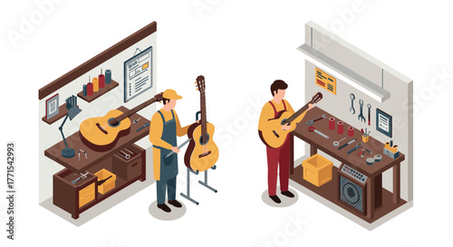 Isometric guitar workshop with luthier crafting musical instruments in modern studio