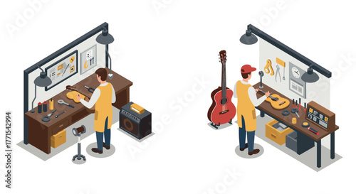 Isometric workshop scenes with craftsman repairing musical instruments in modern studio