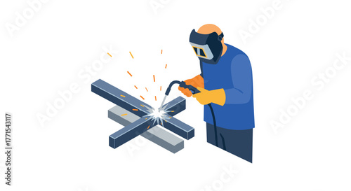 Isometric welder working with metal beams and protective gear
