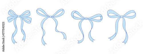 Coquette blue bows set. Hand drawn vintage ribbons. Birthday, Wedding gift in retro style. Baby shower decoration, boy, cute design. Doodle lace, vector illustration.