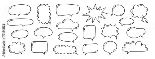 Crayon speech bubbles set. Chat talk boxes. Line chalk hand drawn frames. Kid doodle style. Dialogue balloon clouds. Pencil drawing, black thought elements on white background. Vector illustration