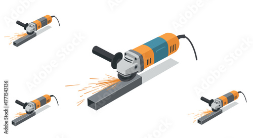 Isometric angle grinder cutting metal with sparks flying