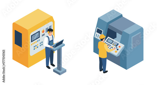 Isometric industrial automation control panels with engineers operating machinery