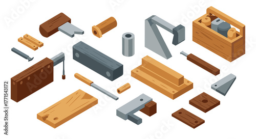 Isometric wooden tools set: workshop essentials in 3d design