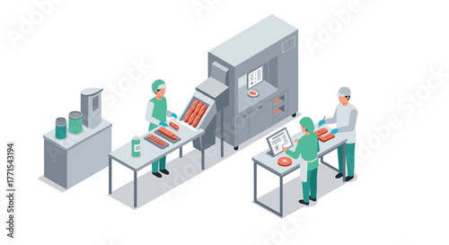 Isometric factory assembly line with workers and automated machinery in modern facility