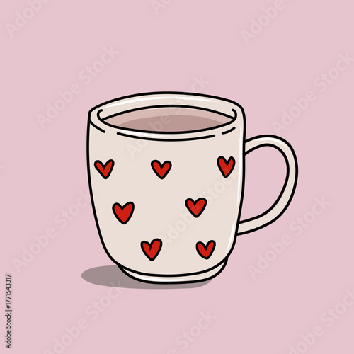 Cartoon cup decorated with small red hearts, filled with a warm drink on a pink background.