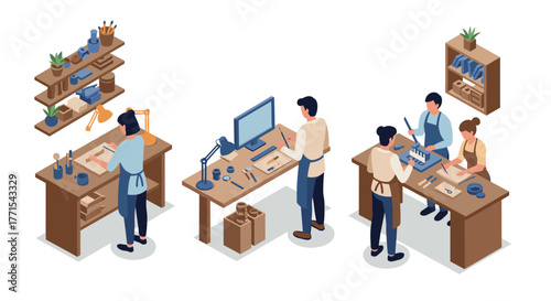Isometric workshop scene with artisans crafting in woodshop interior