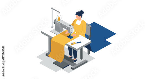 Seamstress working on sewing machine in modern isometric design
