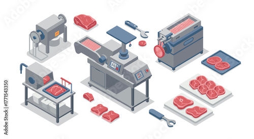 Modern meat processing equipment in isometric style for industrial use
