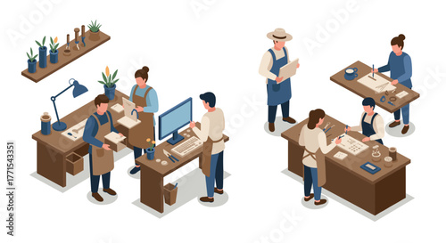Team collaboration in modern craft workshop with designers and artists in isometric style