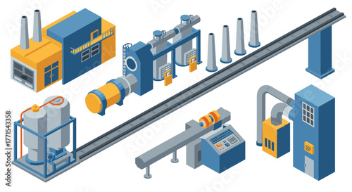 Isometric factory machinery and conveyor system in blue and yellow tones