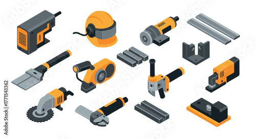 Industrial tools and equipment in isometric style for construction and manufacturing