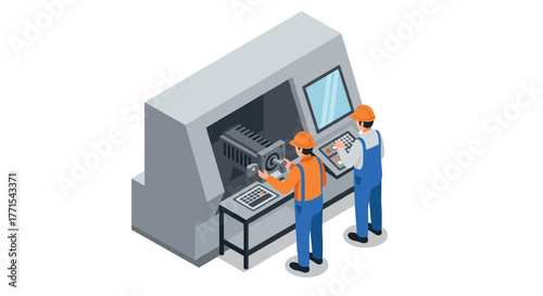 Engineers operating cnc machine in factory setting with precision control