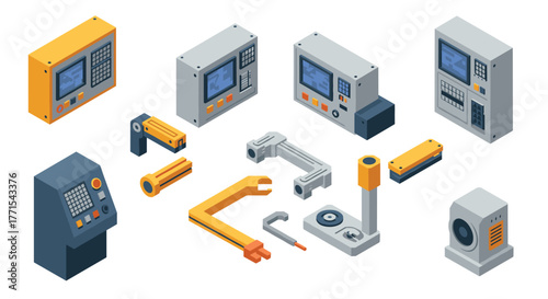 Isometric industrial cnc equipment set with machines and tools in modern style