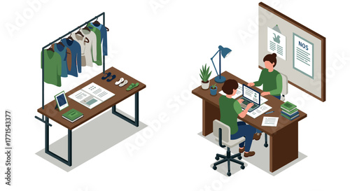 Isometric office and shop setup with clothing display and desk workspace