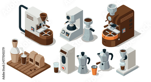Isometric coffee machines and accessories set for cafes and home brewing