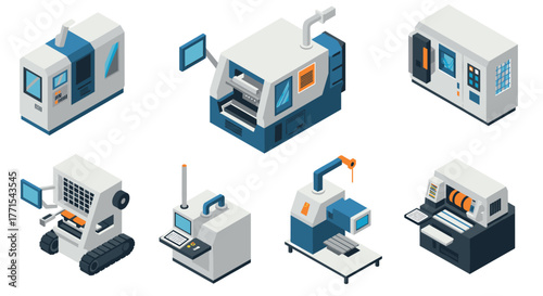 Isometric industrial machines set for manufacturing and production