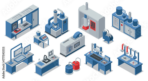 Isometric industrial machinery set featuring modern laboratory equipment