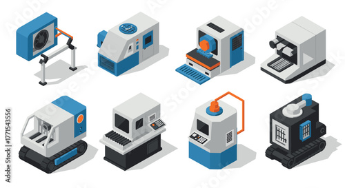 Isometric industrial machines set featuring modern manufacturing equipment