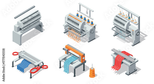 Isometric sewing machines set with embroidery and textile tools in 3d design