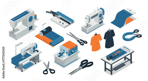 Isometric sewing tools and machines in a tailoring workshop setting