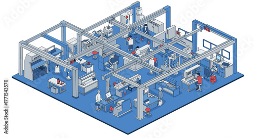 Isometric smart factory with automated machinery and robotics in modern production facility