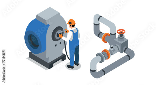 Industrial maintenance isometric design with technician and machinery elements