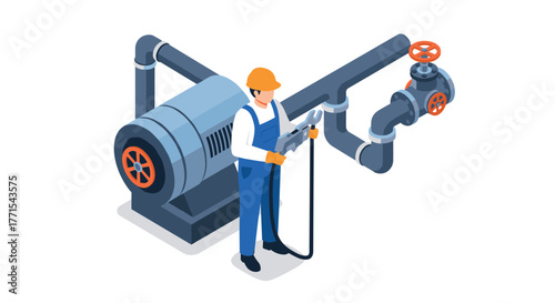 Industrial worker in safety gear operating machinery with piping system in a modern isometric design