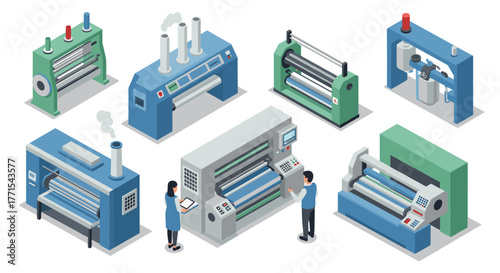 Isometric machines and technicians in modern printing facility