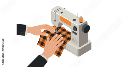 Seamstress working with sewing machine and plaid fabric in isometric design