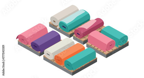 Colorful fabric rolls on wooden pallets in isometric design