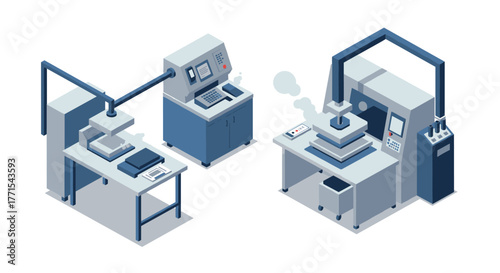 Modern isometric 3d printing and manufacturing setup with industrial machines