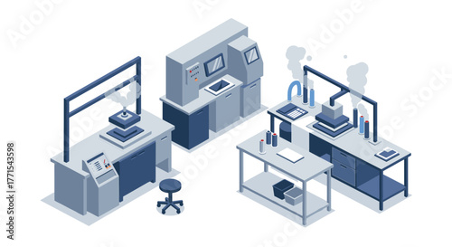 Isometric laboratory equipment with 3d printers and workstations