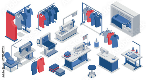 Isometric clothing production process with sewing machines and garment racks