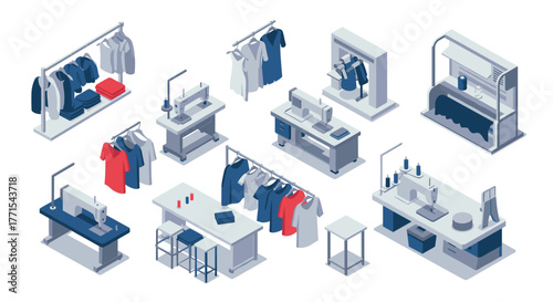 Isometric fashion workshop with sewing machines and clothing racks in blue and red