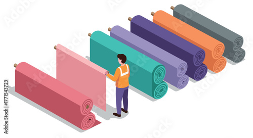Person examining colorful fabric rolls in isometric design for textile industry