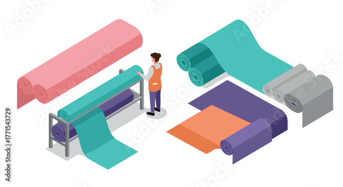 Isometric textile factory: worker and colorful fabric rolls in production process