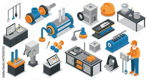 Industrial manufacturing elements in isometric design - factory tools and equipment collection