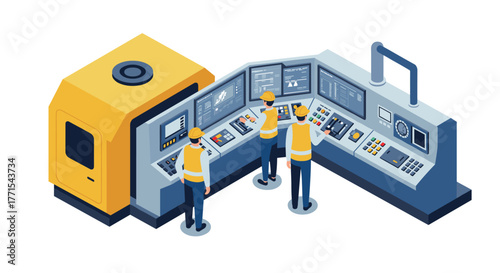 Isometric control room with engineers monitoring equipment and data panels