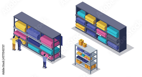 Isometric warehouse scene with colorful fabric rolls and shelves in use