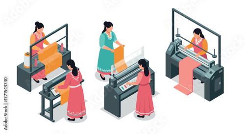Isometric women working with textile machines in traditional attire