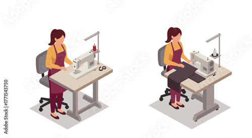 Isometric tailor at sewing machine crafting garments in workshop setting