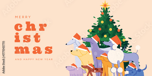 Christmas greeting card with a decorated Christmas tree and a group of dogs wearing Santa hats. Festive holiday poster for pet lovers celebrating Christmas and New Year.