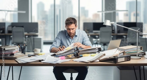 Caucasian man working diligently at his office desk, surrounded by stacks of paper documents and folders. Accountant preparing tax report.