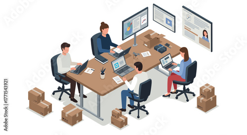 Modern office teamwork in action with collaborative multi-screen workspaces