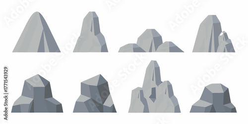 Collection of eight unique stylized grey rock formations and mountain peaks on a white background